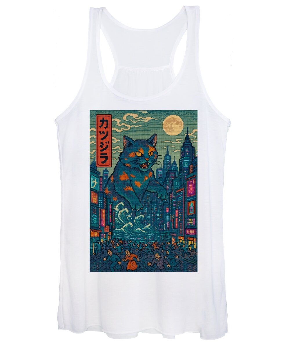 Women's white tank top with cat monster graphic, scoop neckline and racerback straps