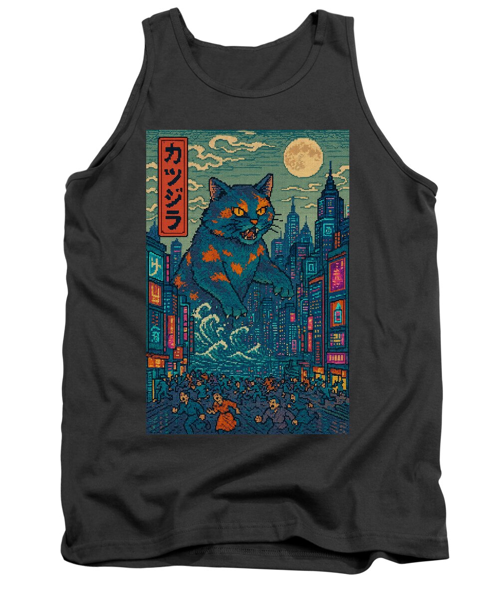 Charcoal monster cat tank top with square city night graphic on front