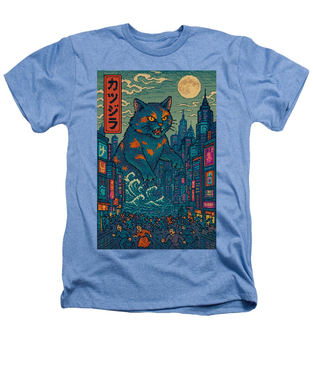 Light blue heather T-shirt with cat monster graphic on front