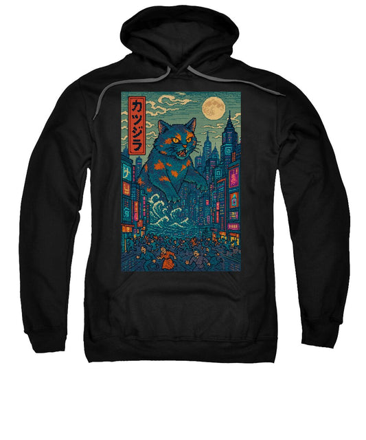 Black sweatshirt with cat city graphic on front, pullover hood and kangaroo pocket.