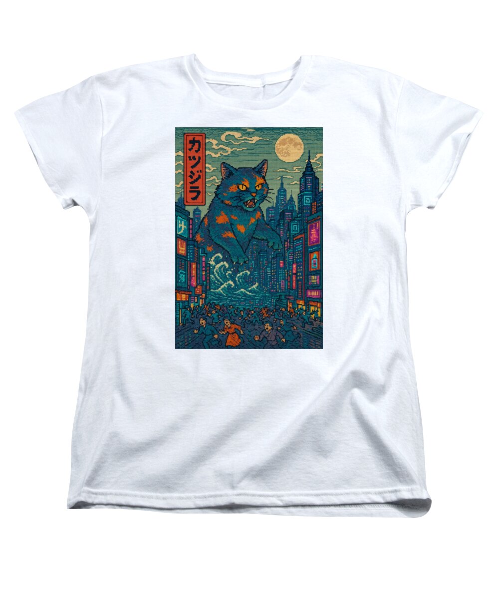 Women's graphic cat monster T-shirt, crew neck, short sleeves, white with city print