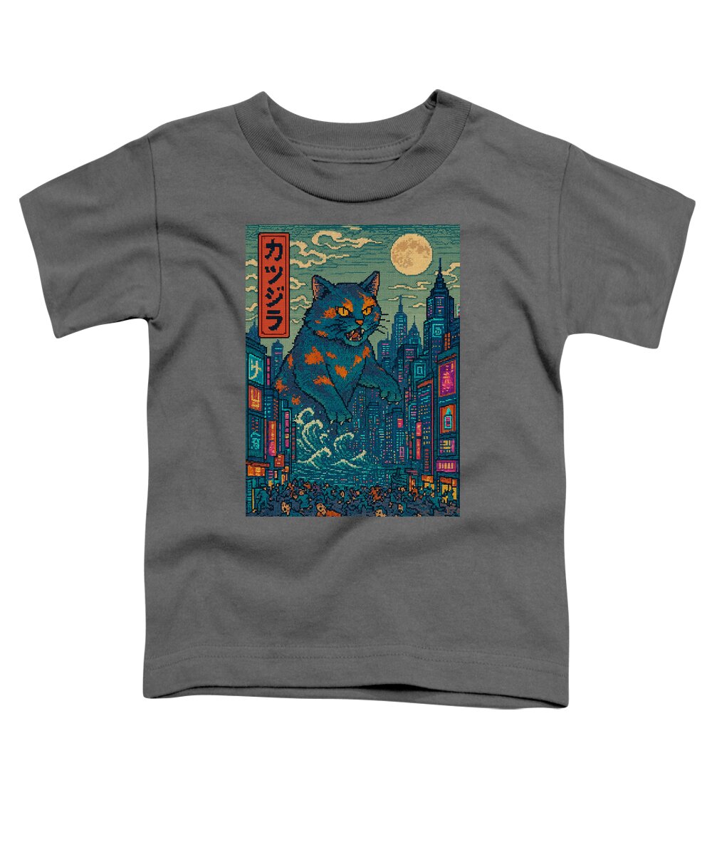 Charcoal toddler T-shirt with square graphic of a cat monster in a city at night