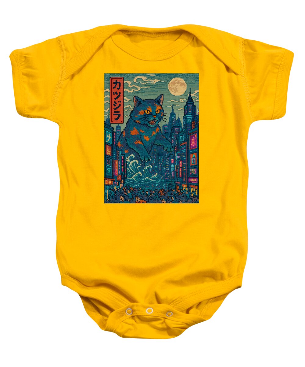 Yellow baby onesie with short sleeves and front graphic featuring a cat in a cityscape
