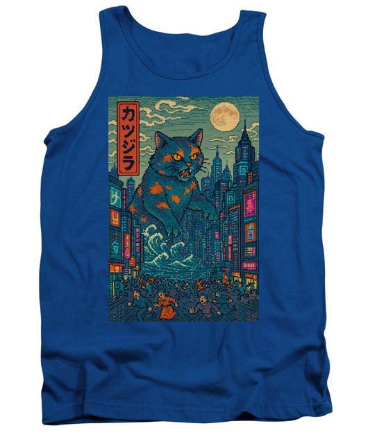 Blue monster cat tank top with city night graphic on front