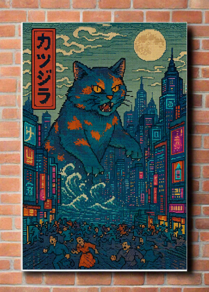 Cat city night art print showing blue-and-orange cat portrait with colorful skyline.