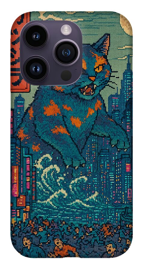 Phone case with blue and orange pixel-art cat monster on city skyline, purple camera frame