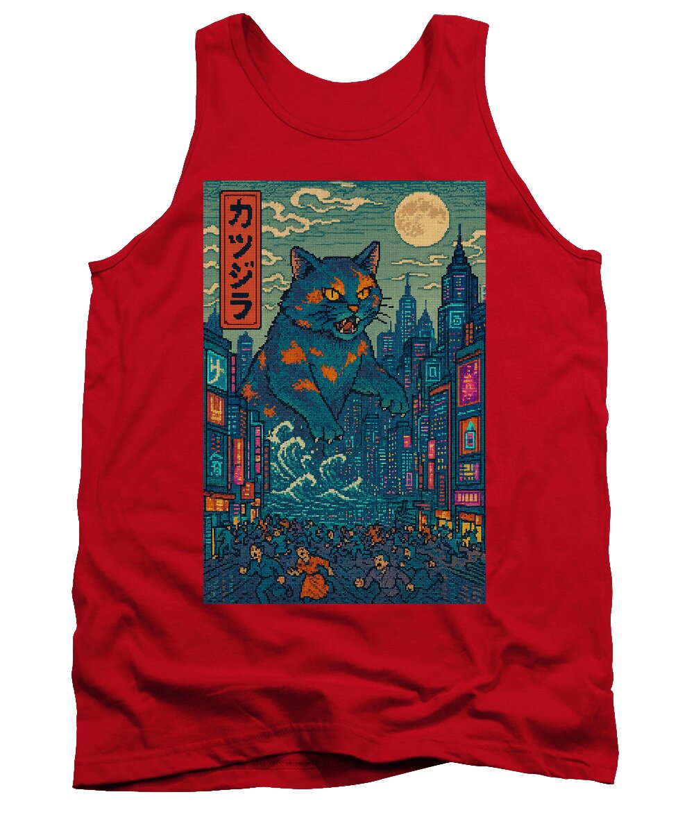 Red monster cat tank top with colorful city night graphic in front
