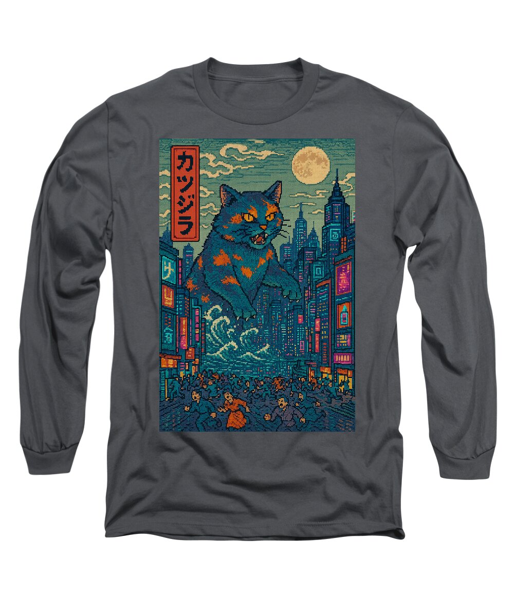 Charcoal long-sleeve T-shirt with square cat monster city graphic