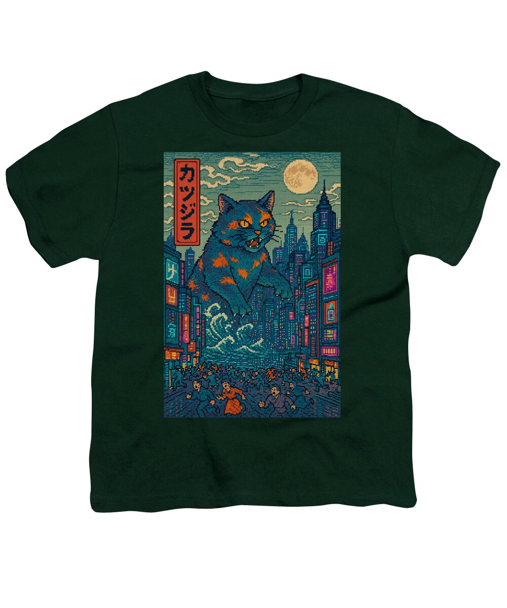 Youth T-shirt in dark green with cat monster city graphic print on front