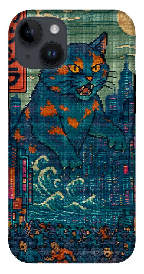 Phone case with blue and orange pixel-art cat monster standing in city, black camera frame