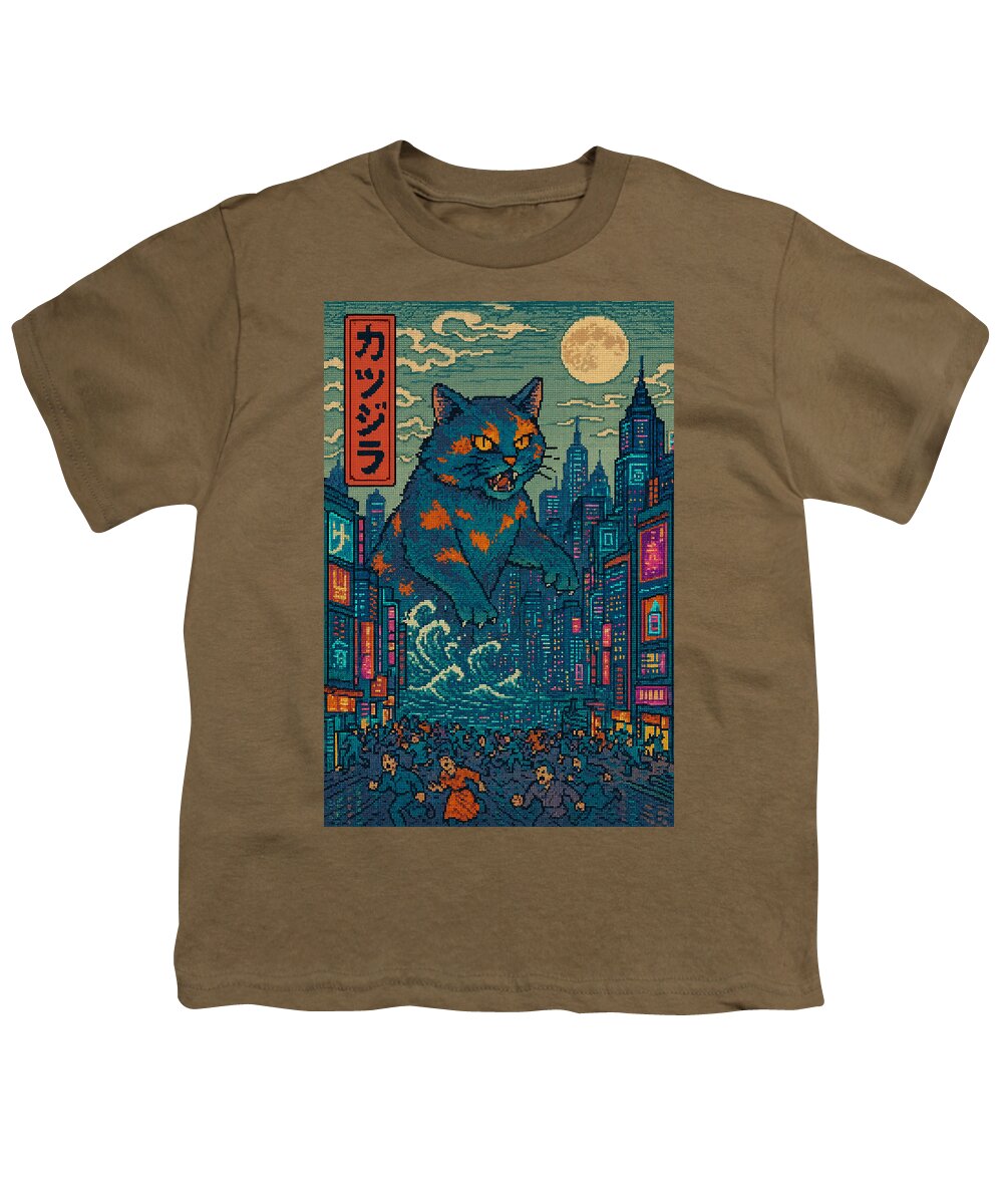 Youth graphic T-shirt, brown with cat monster city artwork panel