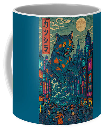 Blue ceramic mug with orange-eyed cat in cityscape print and Japanese-style vertical sign