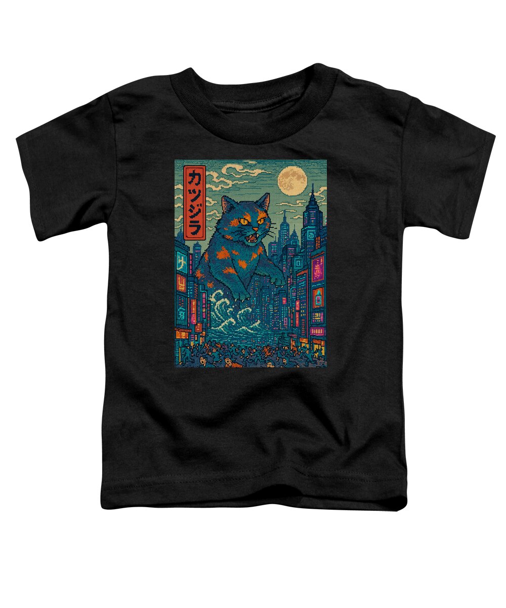 Black toddler T-shirt with square graphic of a cat monster in a city at night