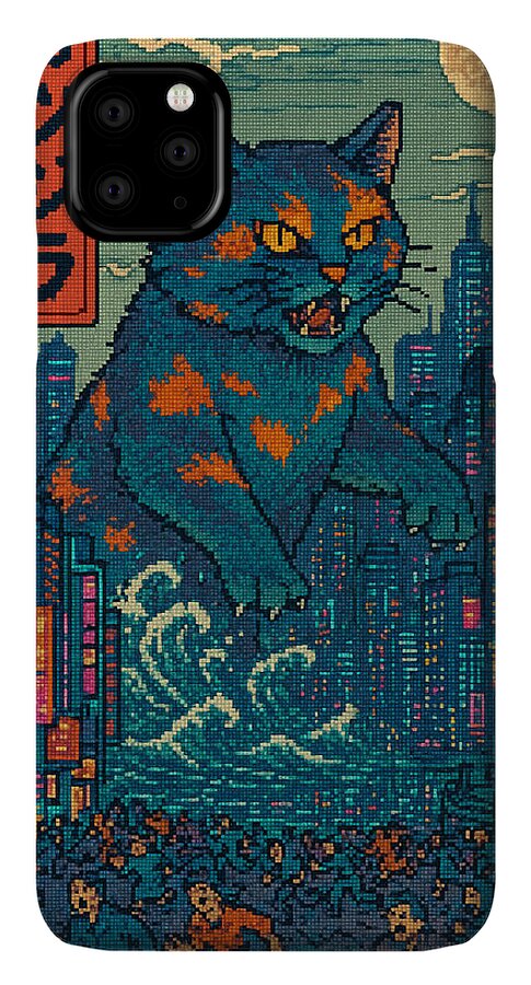 Phone case displaying orange-and-blue cat monster in pixel art nighttime city