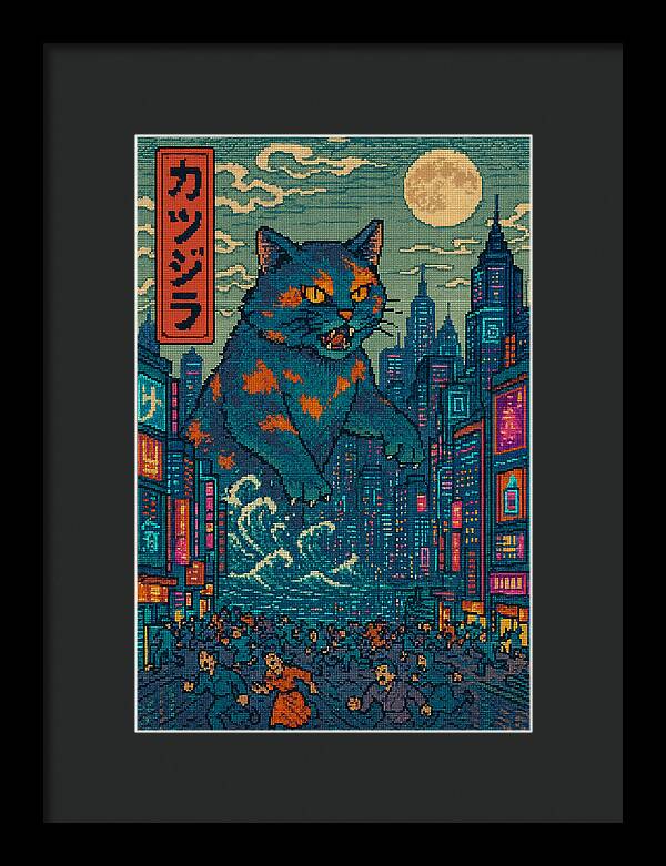 Framed wall print with blue cat monster in neon city; dark mat, white frame.