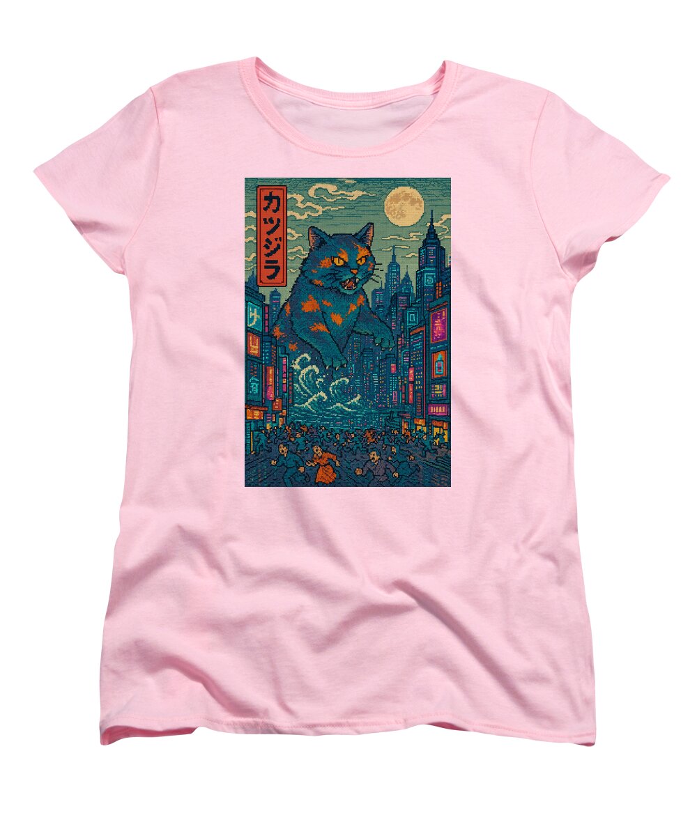 Women's graphic cat monster T-shirt, crew neck, short sleeves, pink with city print