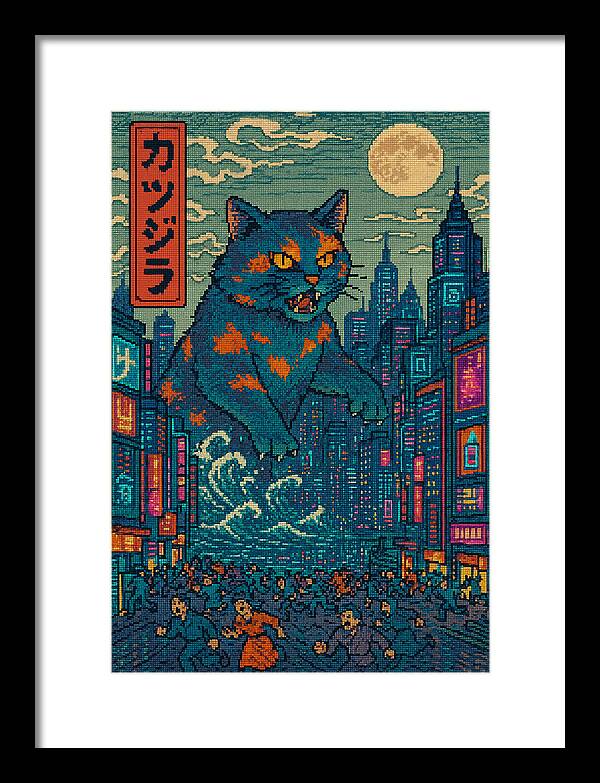 Framed wall print with blue cat monster in neon city; white mat, black frame.