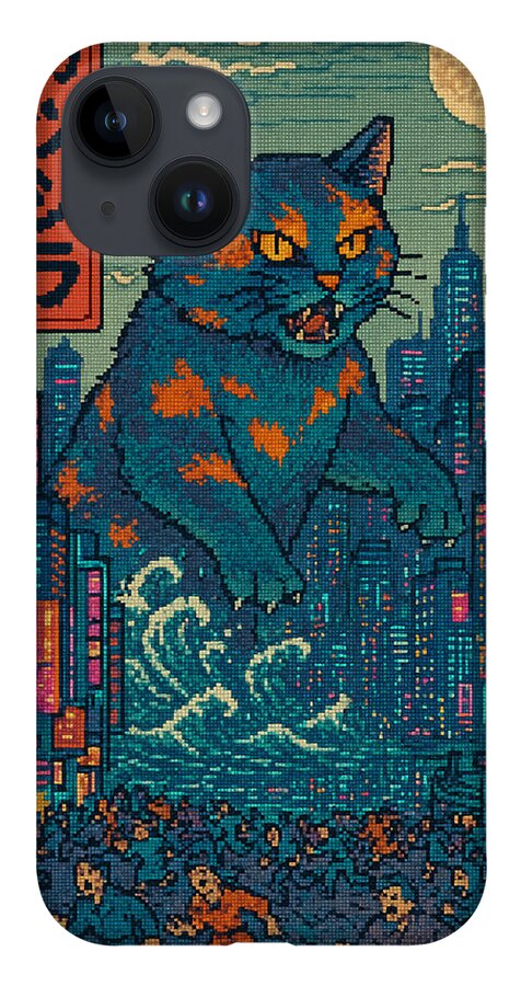 Phone case with blue and orange pixel-art cat monster, city lights pattern, black camera frame