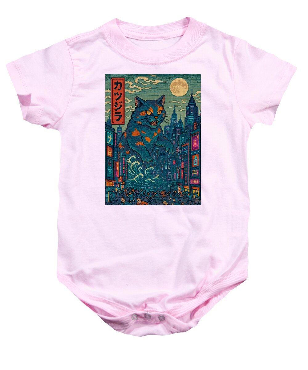Pink baby onesie with short sleeves and front graphic showing a cat in a city scene