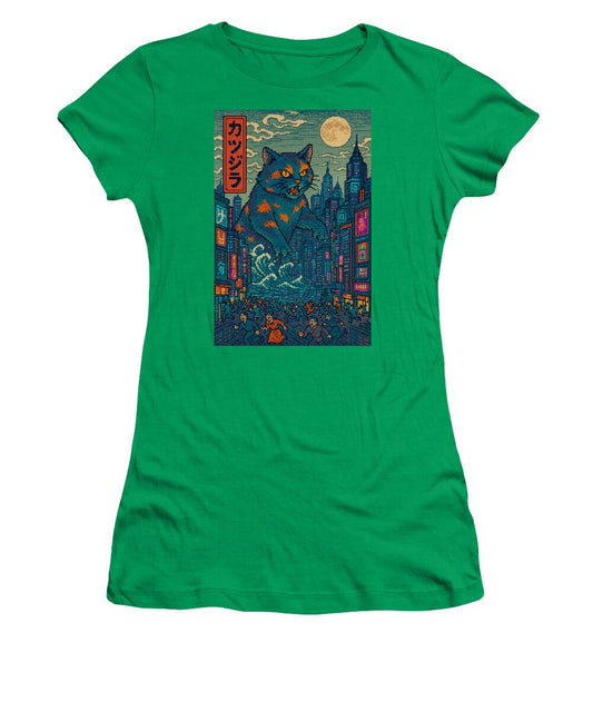 Women’s green t-shirt with colorful cat-monster graphic print on front