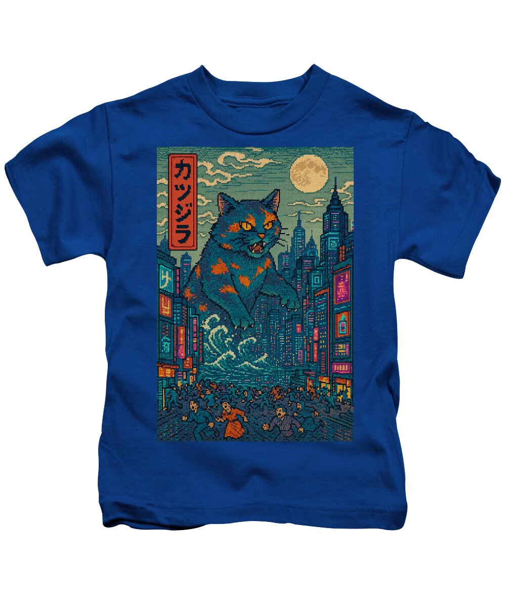 Kids T-shirt in royal blue with square monster cat graphic on the front.