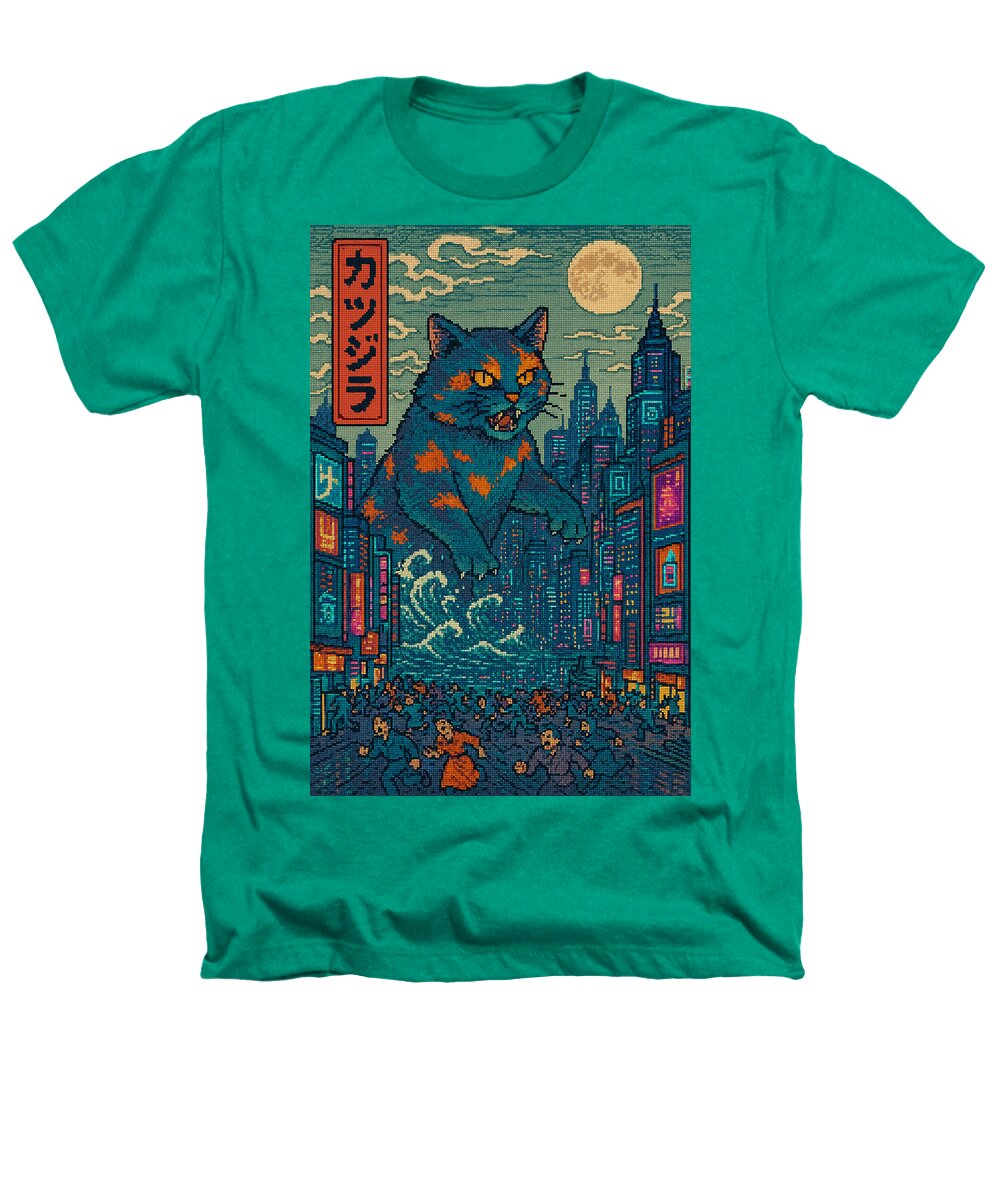Kelly green heather T-shirt with cat monster graphic on front