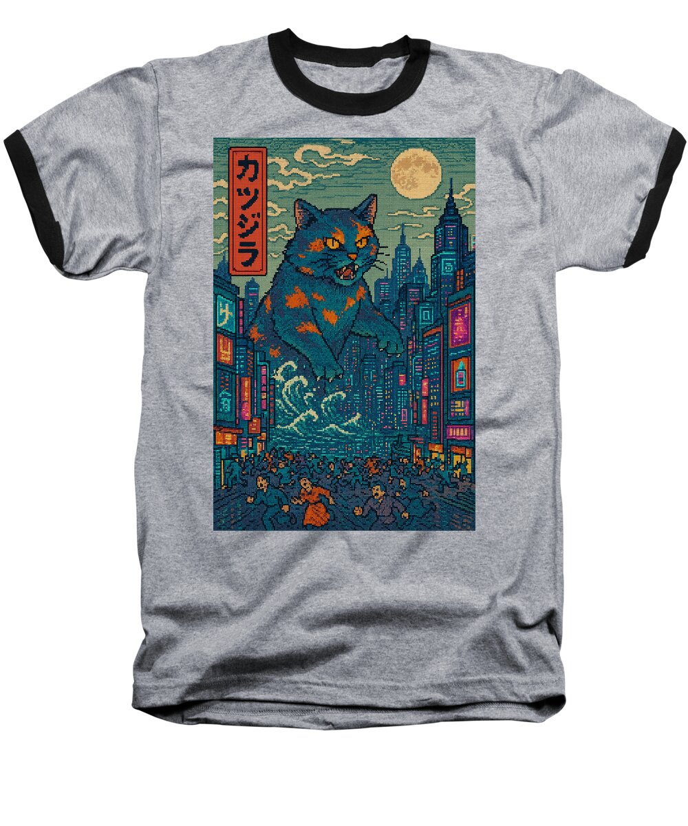Heather gray baseball T-shirt with black contrast trim and colorful cat-monster front graphic