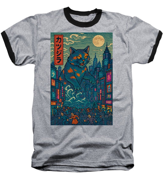 Heather gray baseball T-shirt with black contrast trim and colorful cat-monster front graphic