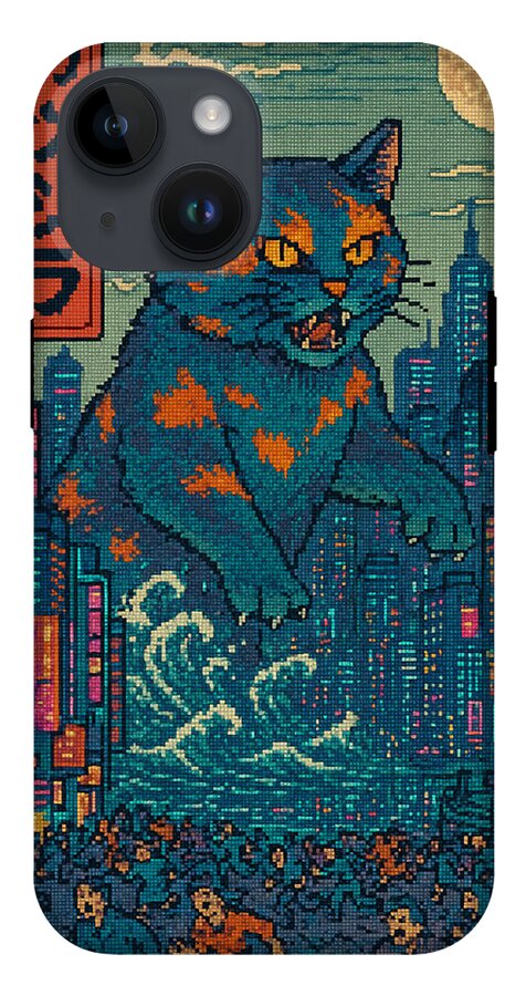 Phone case with blue and orange pixel-art cat monster face, city skyline, black camera frame