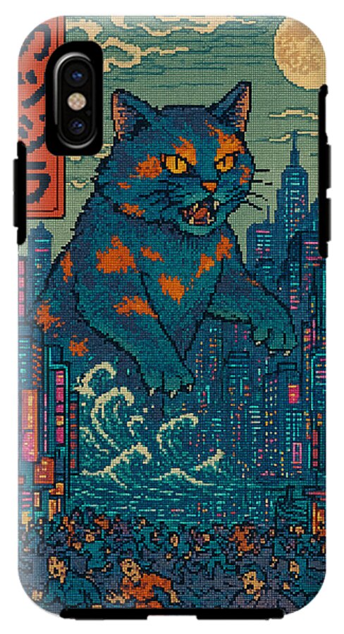 Phone case featuring a pixel-art blue cat monster with city skyline, single camera cutout