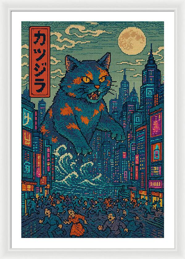 Framed cat city night print with blue cat, orange patches, and glowing city buildings.