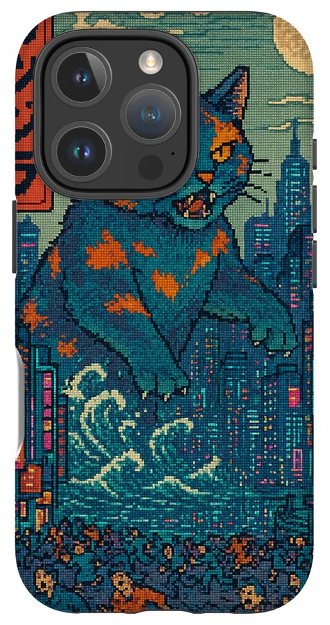 Phone case with blue cat monster pixel art and city skyline, black camera cutouts