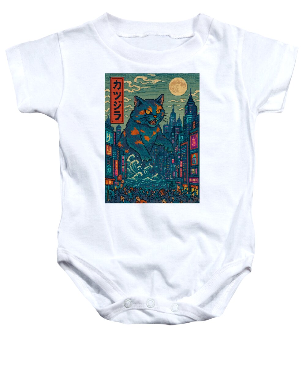 White baby onesie with short sleeves and front graphic of a cat in a nighttime city