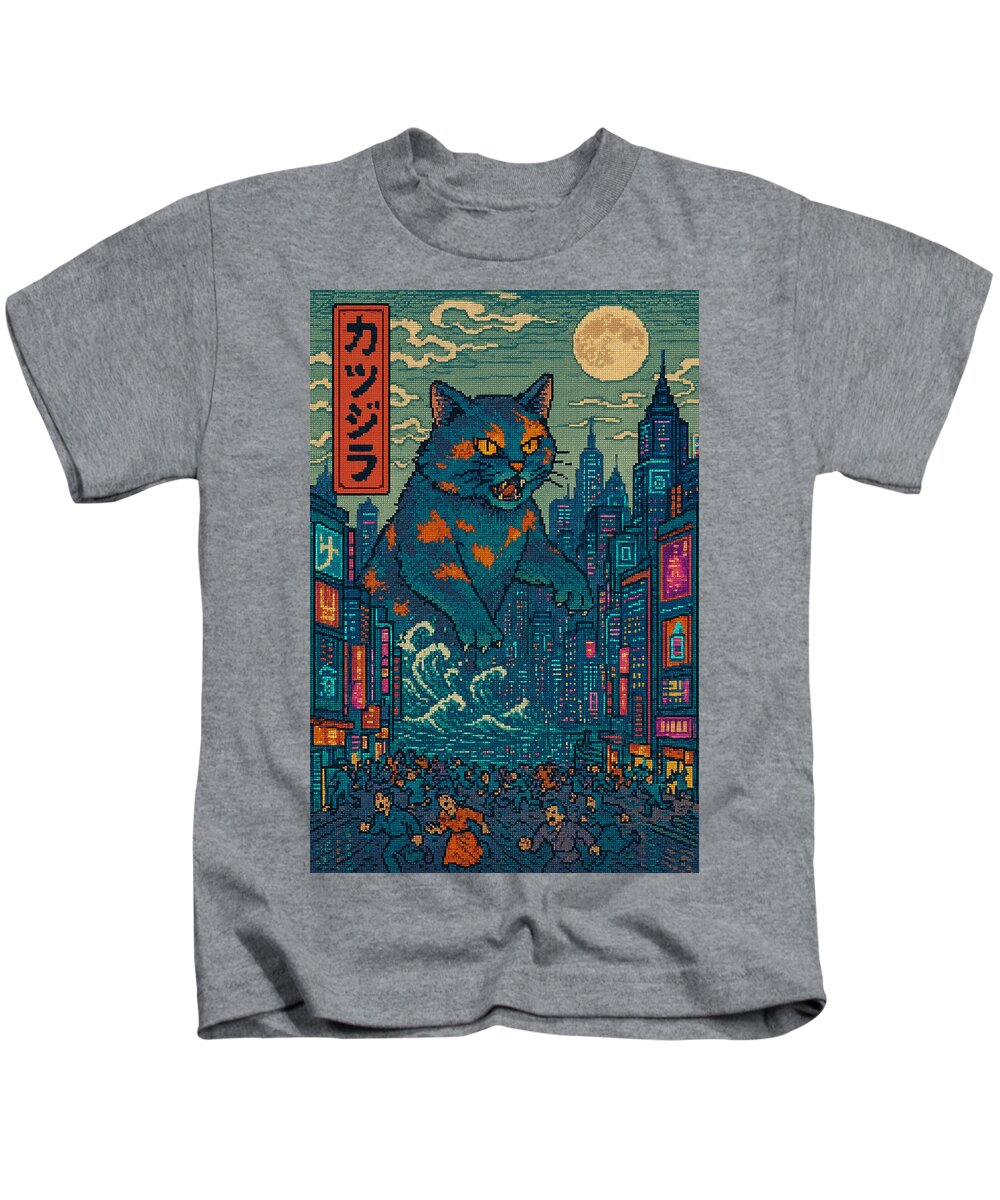 Kids T-shirt in heather gray with square monster cat graphic on the front.