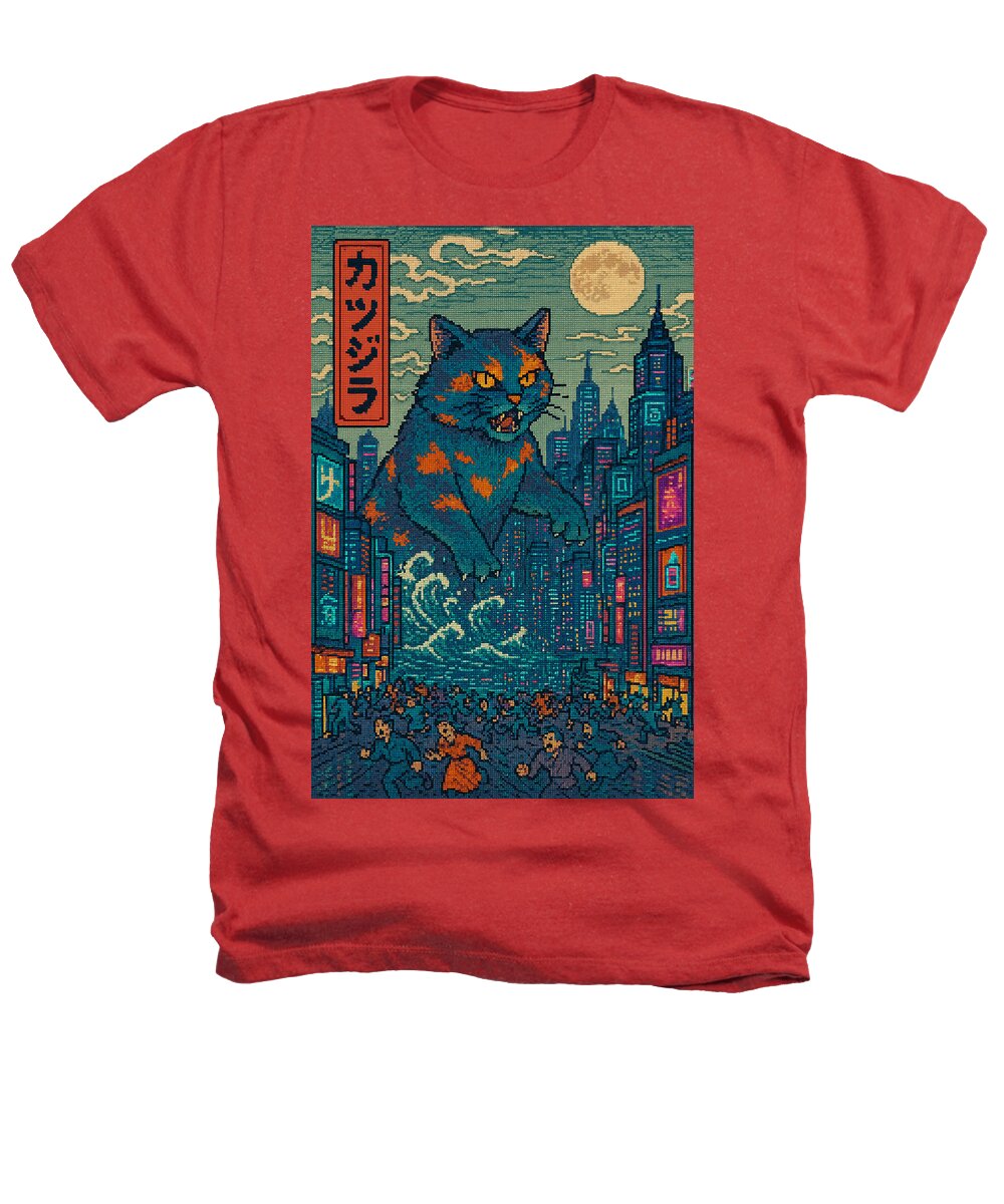 Red heather T-shirt with cat monster graphic on front