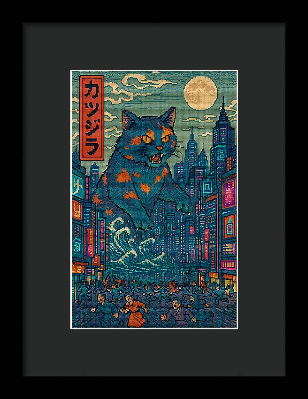 Framed wall print with blue cat monster in neon city; dark mat, white frame.