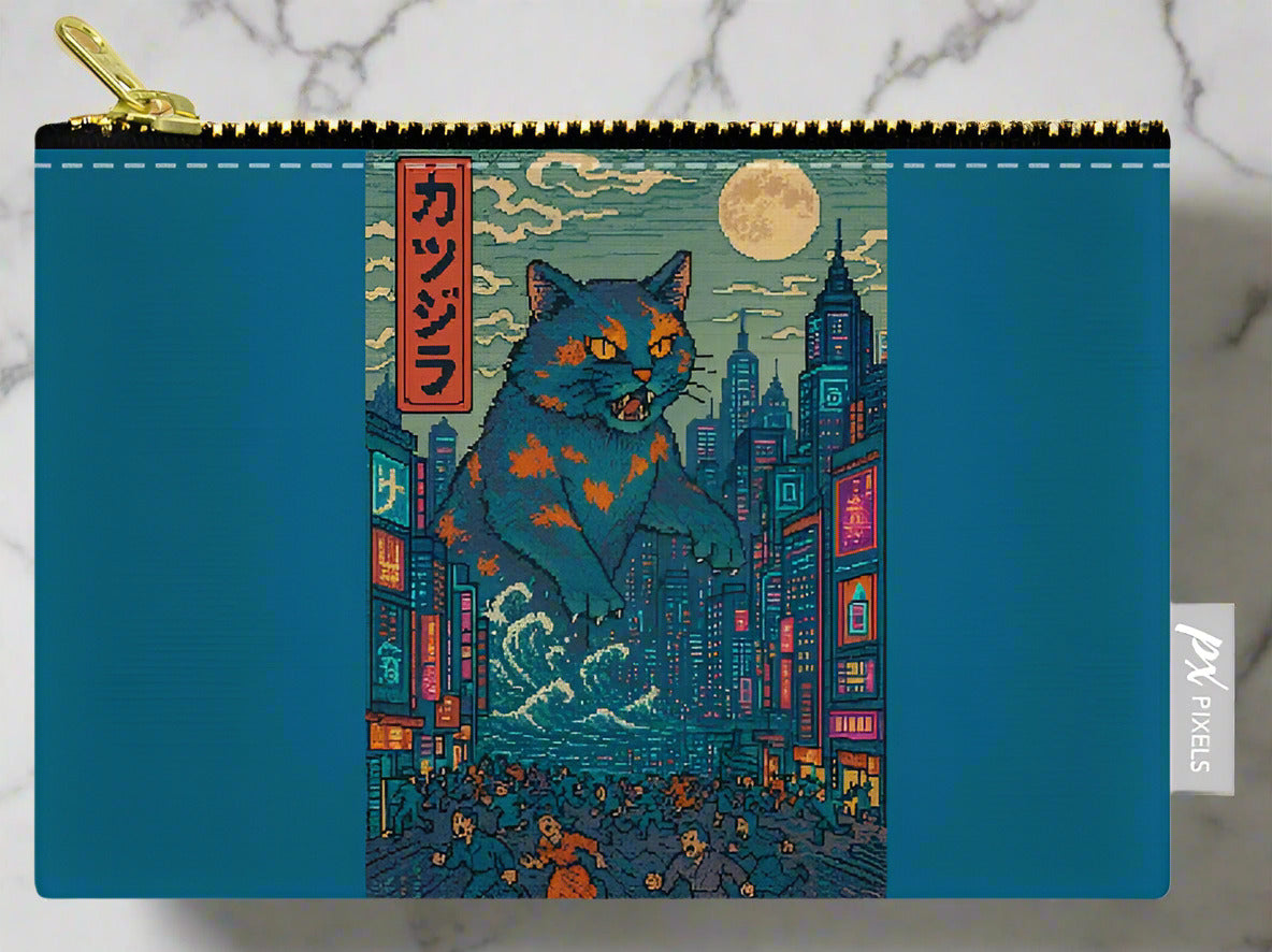 Teal zip pouch with orange-blue cat graphic and gold zipper pull