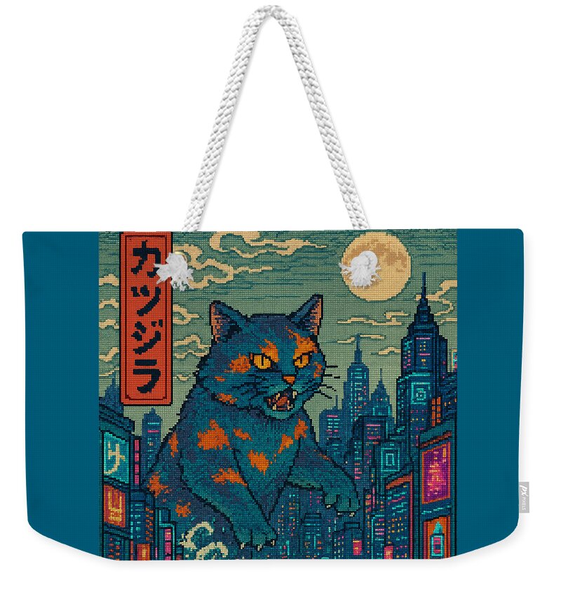 Weekender tote bag, teal fabric front with orange cat and city skyline, white rope