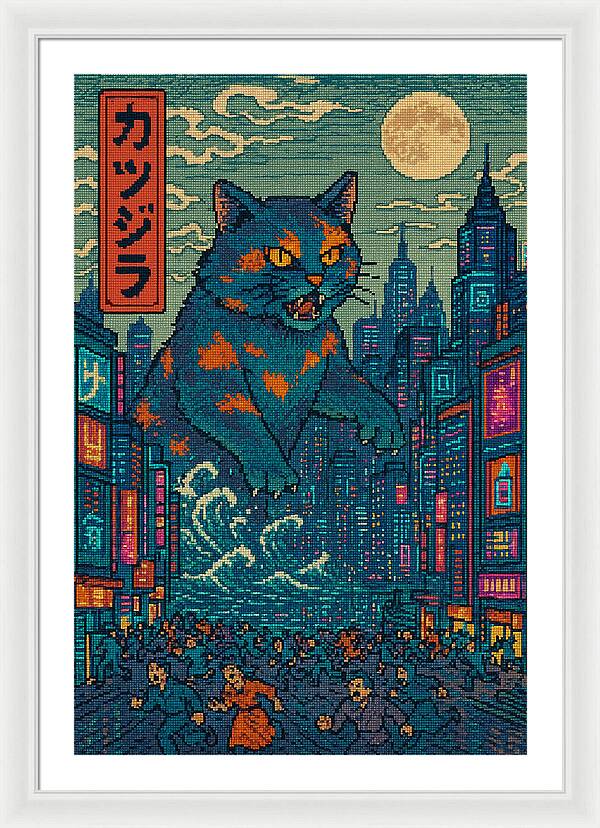 Framed cat city night wall art with blue cat, orange accents, and large moon sky.