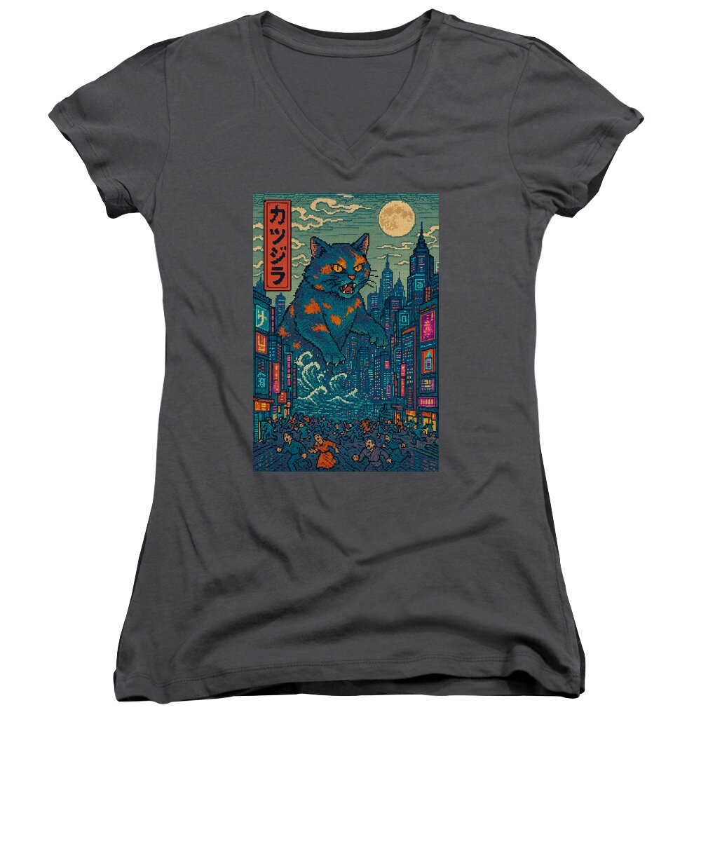 Women's v-neck T-shirt, dark gray with cat city graphic