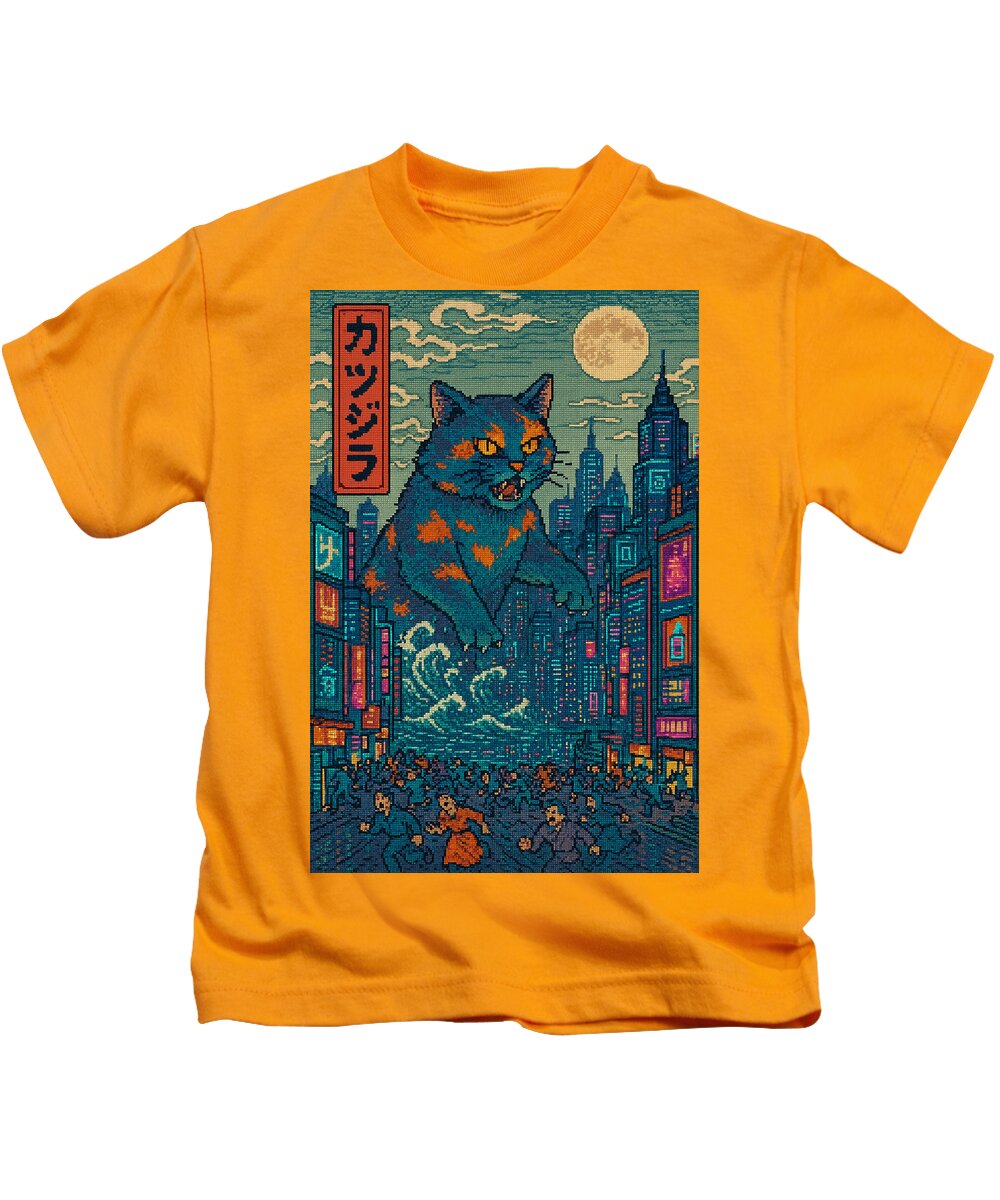 Kids T-shirt in orange with square monster cat graphic on the front.