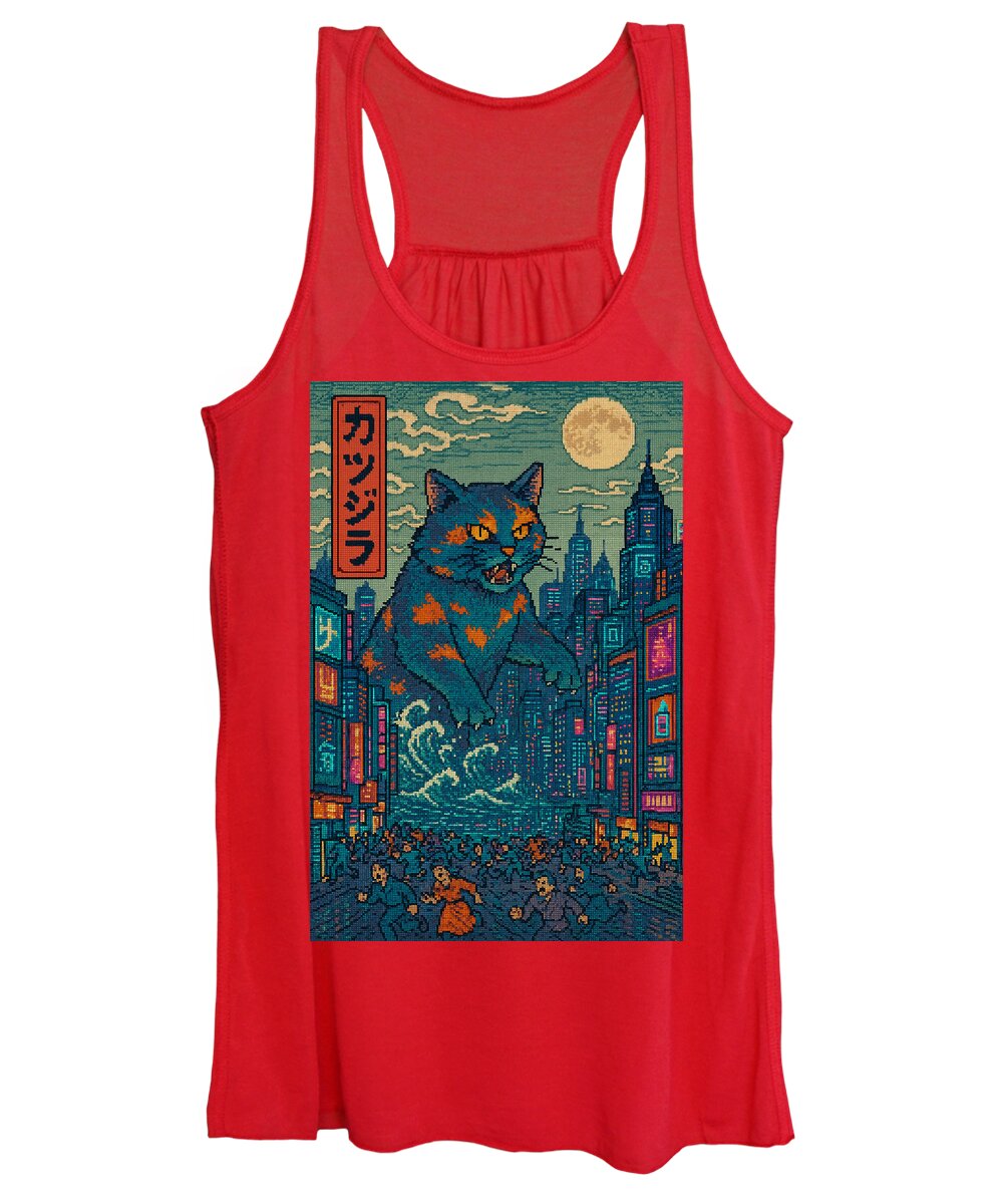 Women's red tank top with cat monster graphic, scoop neckline and racerback straps