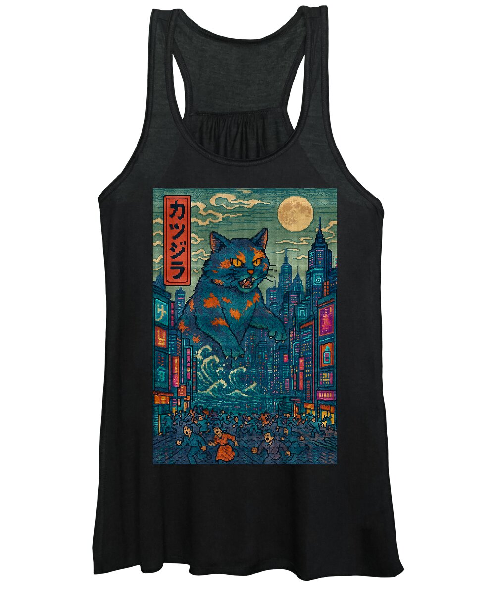 Women's black tank top with cat monster graphic, scoop neckline and racerback straps