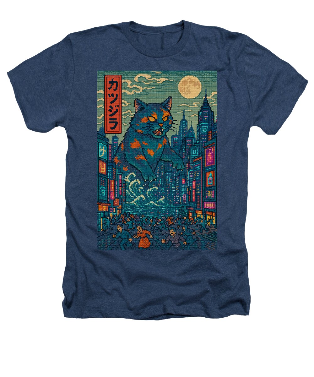 Navy heather T-shirt with cat monster graphic and city lights