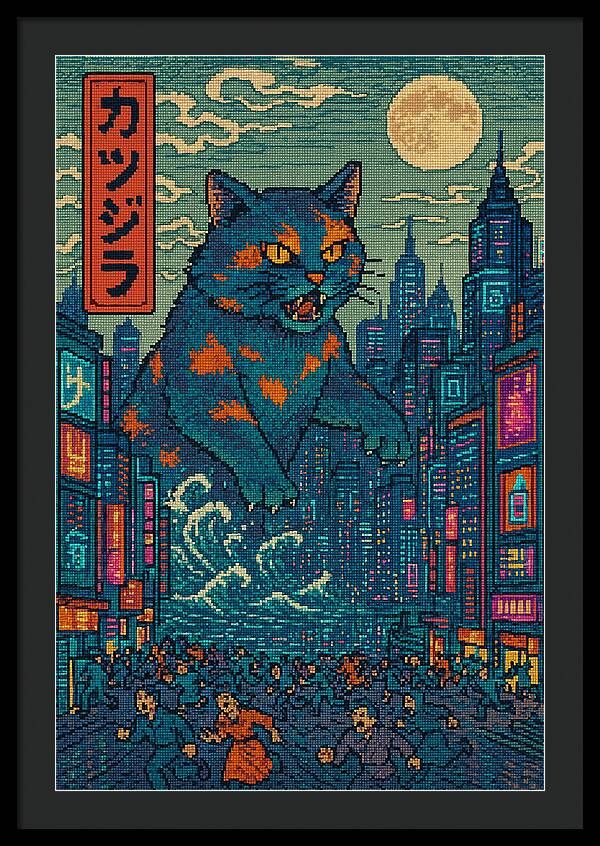Cat city night art print with dark background and blue cat with orange patches.