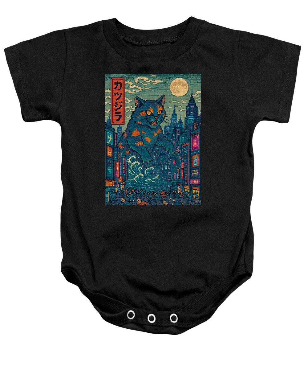 Black baby onesie with colorful monster cat city graphic and short sleeves.