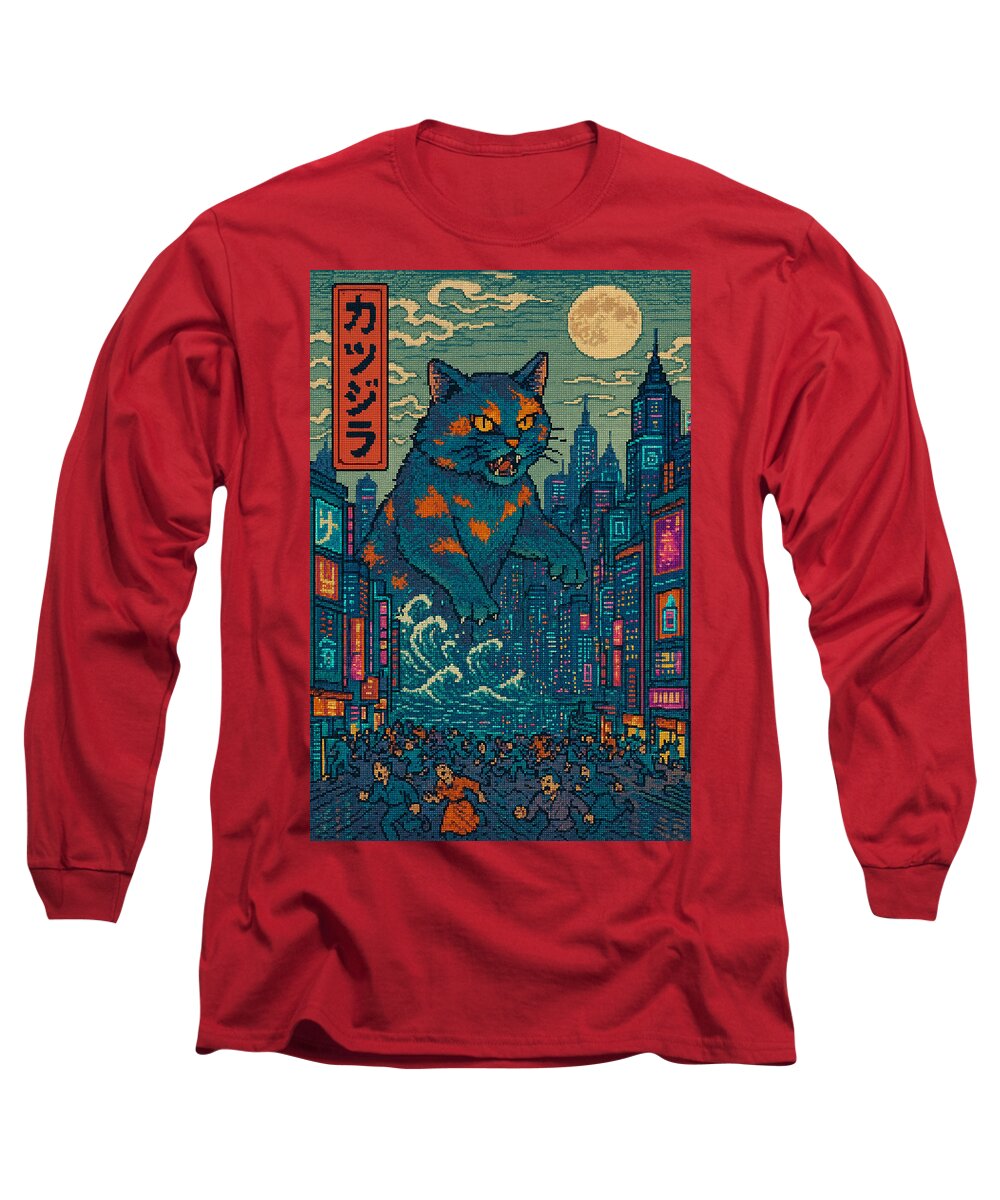 Red long-sleeve T-shirt with square cat monster city graphic