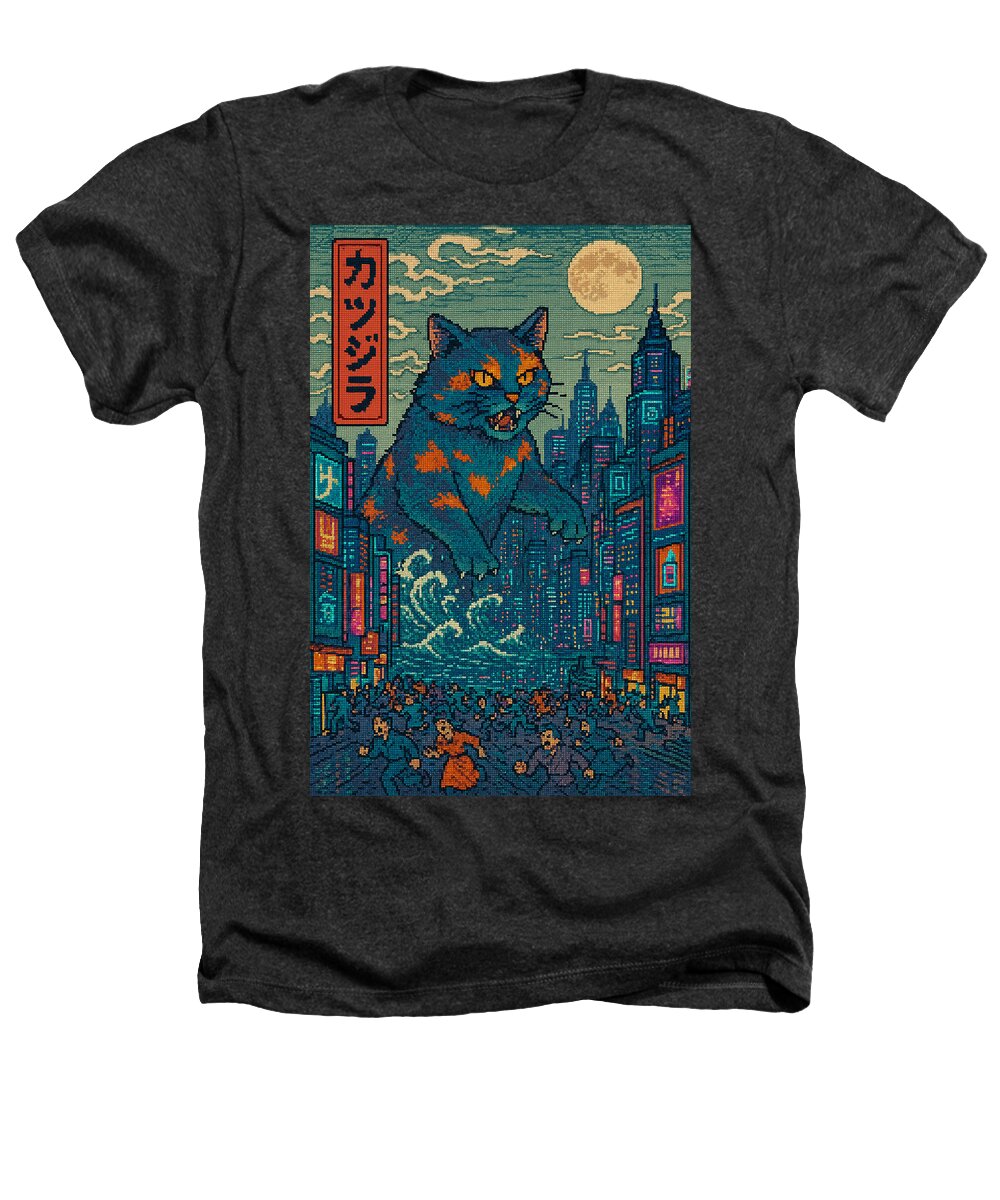 Charcoal heather T-shirt with cat monster graphic and city lights