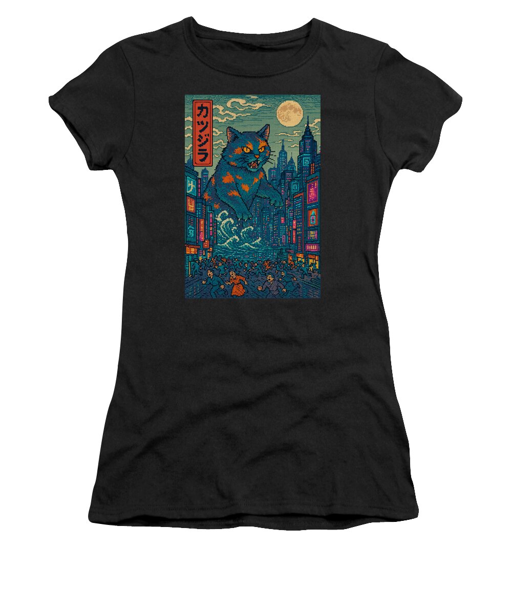 Women’s black t-shirt with colorful cat-monster graphic print on front