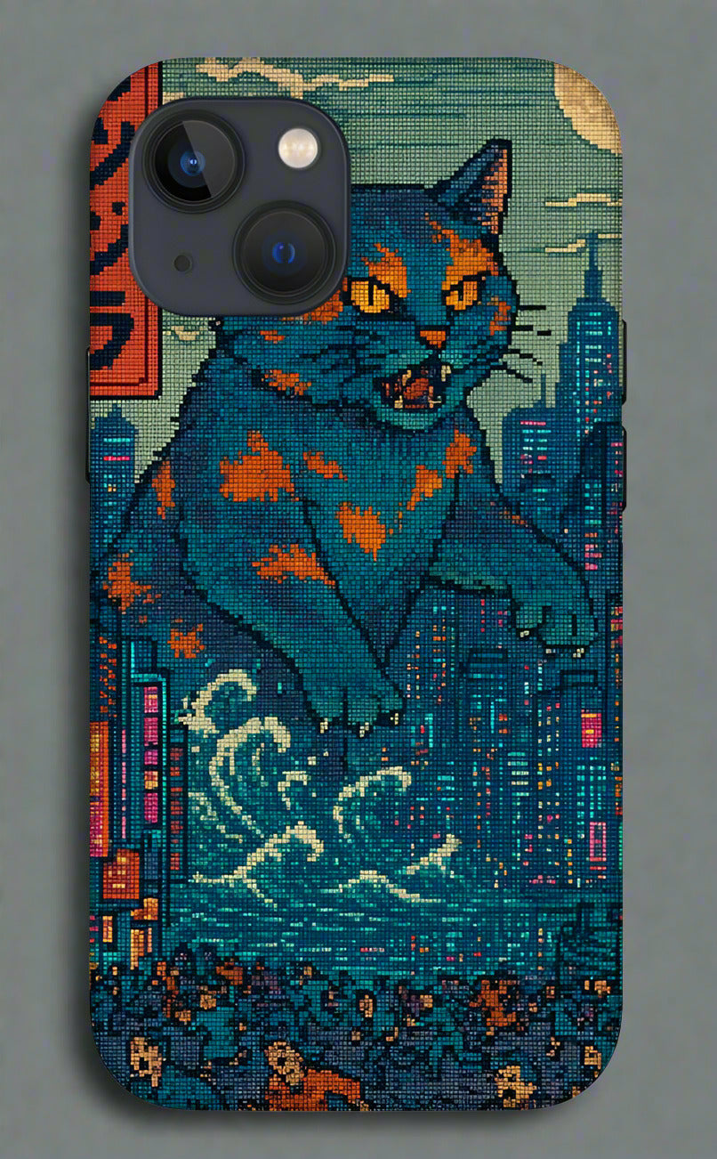 Phone case with blue orange pixel cat monster in teal city scene, cutouts for dual cameras